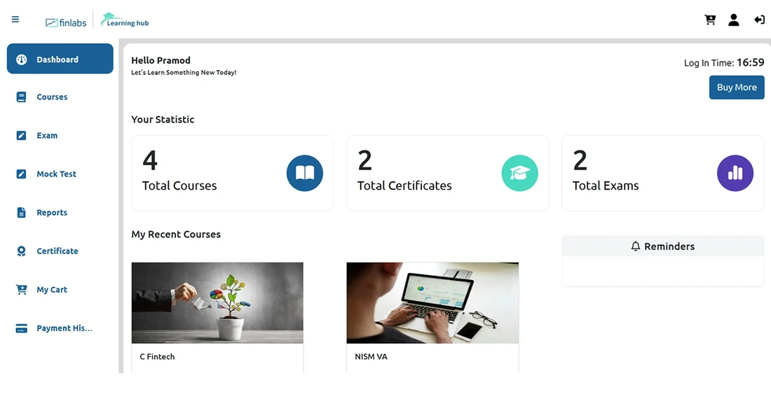 Finlabs Learning Hub dashboard showing courses, certificates and exams