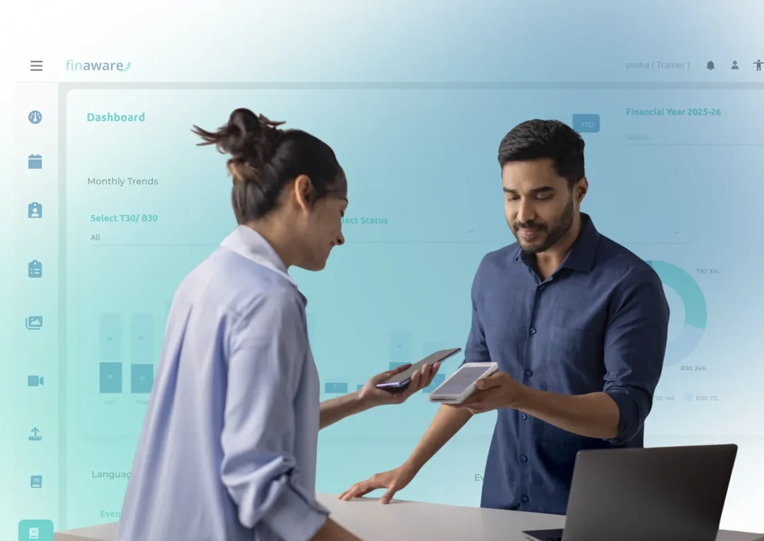 Finaware dashboard in use during a session, with attendance tracked on a tablet