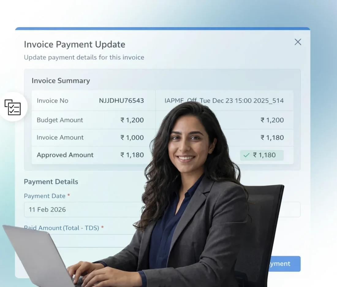Finaware invoice payment update screen showing invoice summary and payment details