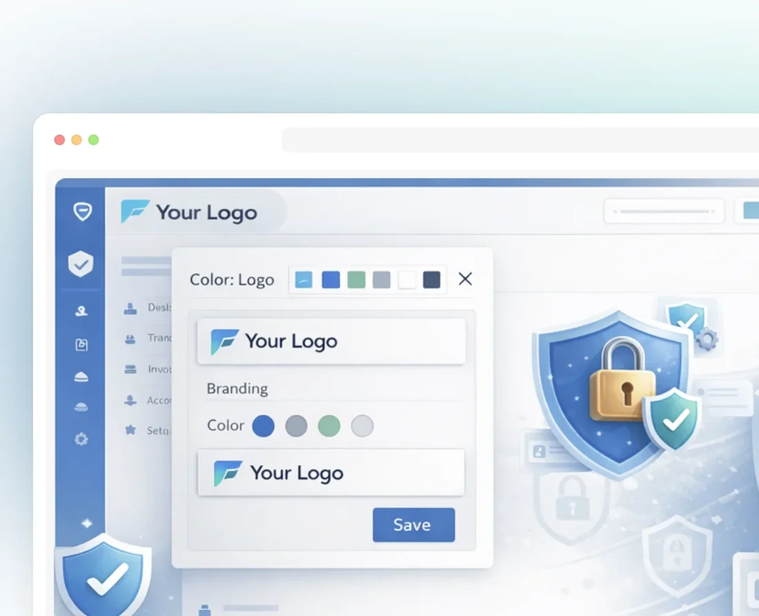 Finaware whitelabeling panel: your logo and brand colours applied to the platform