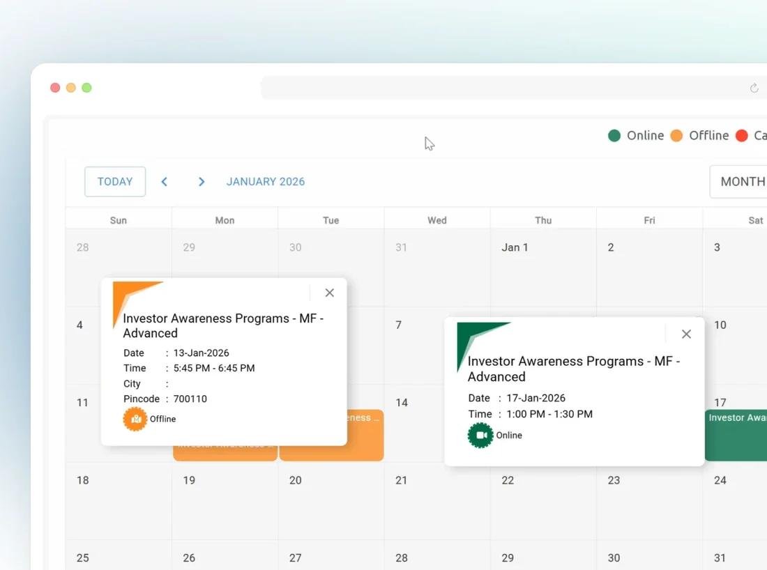 Finaware event calendar showing Investor Awareness Programs by date, with online and offline modes
