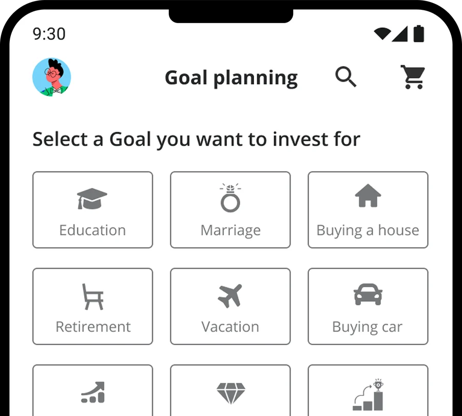 Finexa Nova goal planning: a grid of goals including education, marriage, buying a house, retirement, vacation and buying a car