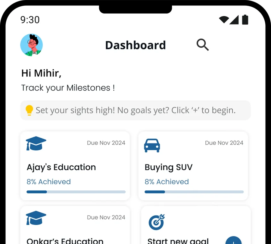 Finexa Nova dashboard on a phone showing several goal cards side by side with their progress
