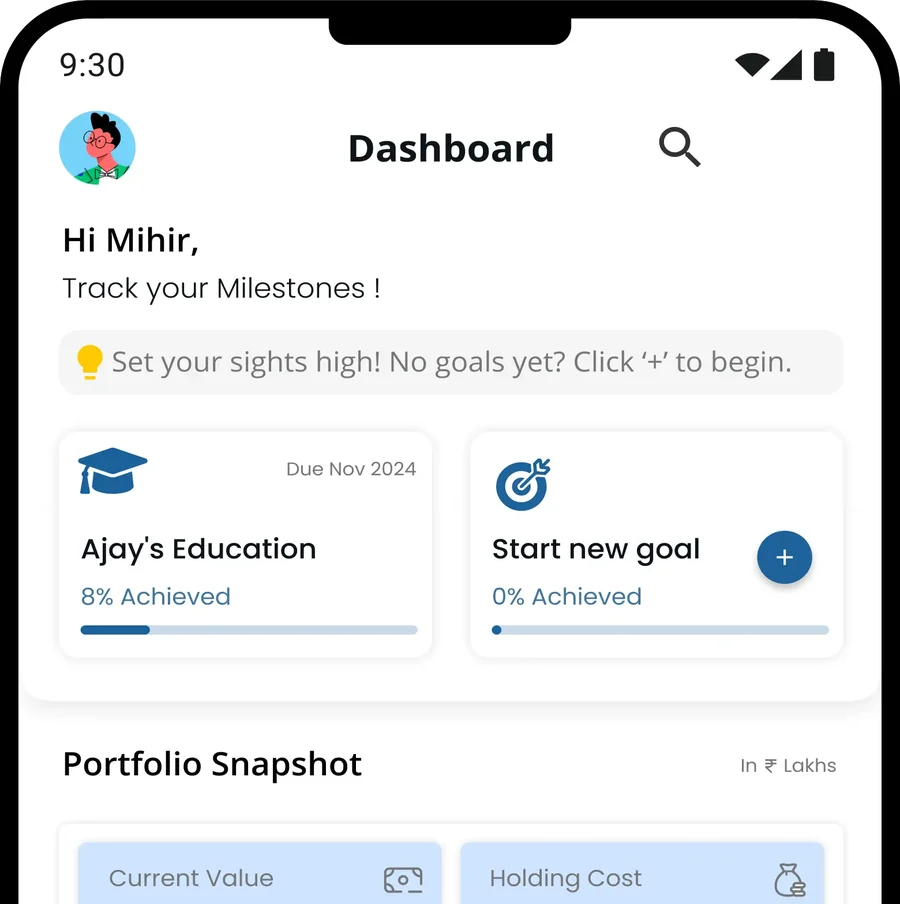 Finexa Nova dashboard on a phone: a greeting, goal cards showing progress towards an education goal, and a portfolio snapshot