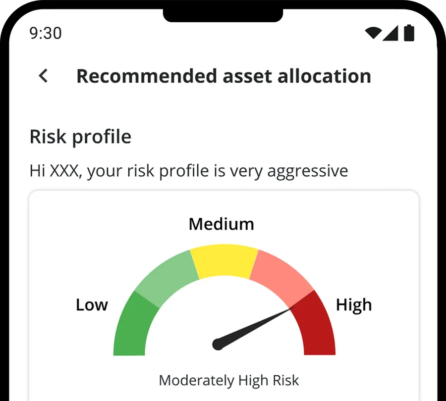 Finexa Nova risk profile: a dial reading moderately high risk, above a recommended asset allocation