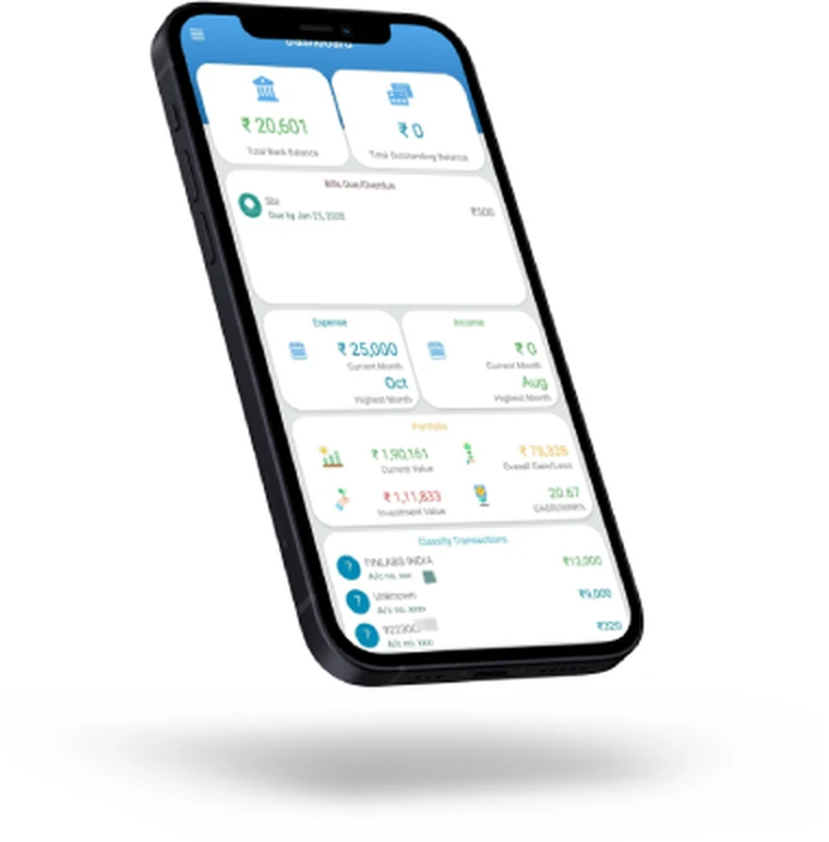 The Fiscus dashboard: bank balance, outstanding bills, monthly expense and income, holdings and recent transactions