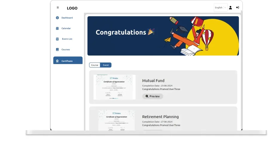 A learner’s certificates in Learngenie, issued automatically on course completion