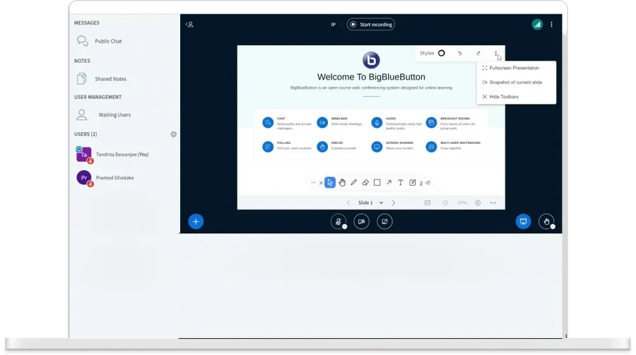 A live interactive training session running in Learngenie, with slides, chat and participants