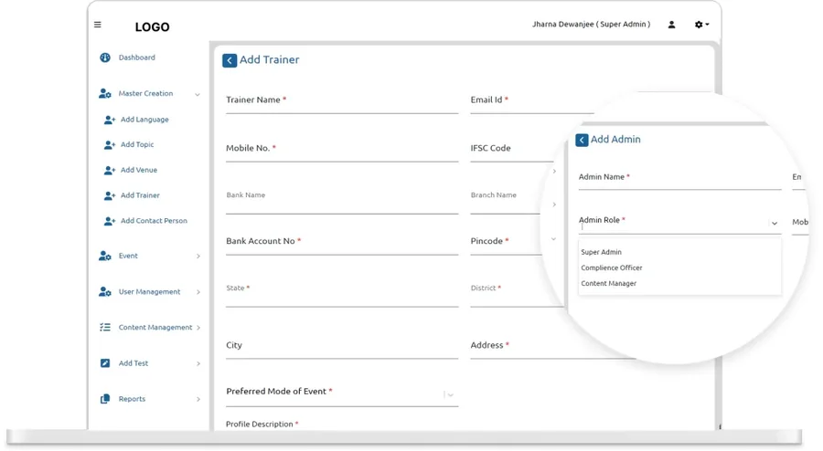 Role management in Learngenie, with permissions for admins, trainers, content managers and participants